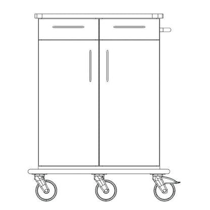 Um desenho em linha do chassi do carrinho de cuidados e trabalho Novocal da Novocal mostra um carrinho com duas portas grandes, duas gavetas, uma alça no lado direito e quatro rodas giratórias - ideal para armazenamento ou transporte.