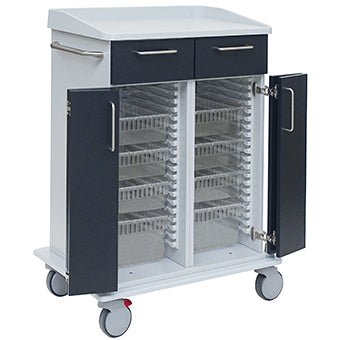 O carrinho de cuidados e trabalho Novocal possui um chassi robusto de plástico completo, duas gavetas superiores, portas duplas abertas com prateleiras transparentes no interior, bem como quatro rodas para fácil mobilidade.