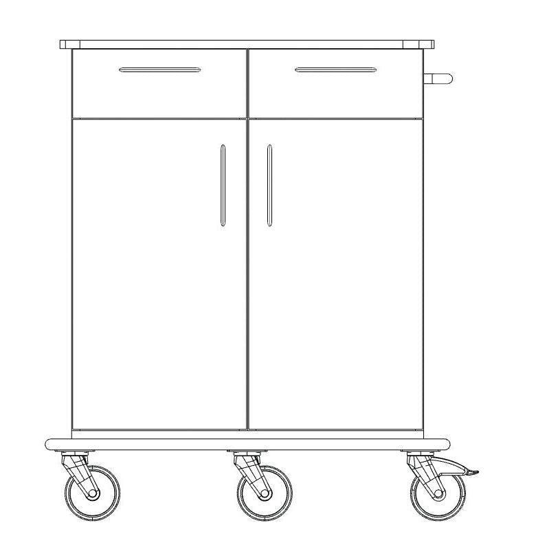 Desenho a traço preto e branco do carrinho de cuidados e trabalho Novocal, um carrinho de trabalho totalmente em plástico com duas gavetas superiores, duas portas inferiores, pega lateral direita e quatro rodas grandes. Marca: Novocal. Embalagem: 1 peça.