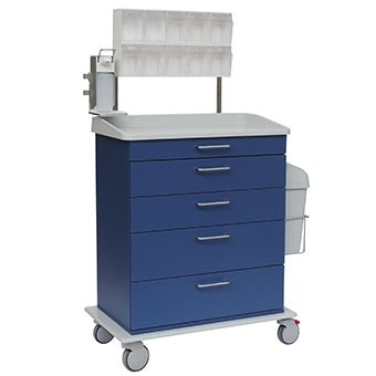 Um carrinho de cuidados e trabalho Novocal feito de plástico azul com quatro gavetas, uma superfície plana, um organizador transparente acima, uma caixa lateral branca e quatro rodas giratórias.