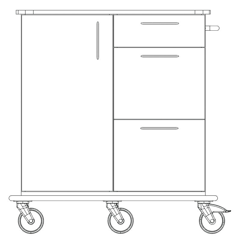 Um desenho de linha do carrinho de cuidados e trabalho Novocal mostra três gavetas e uma porta do armário no lado esquerdo. Na base robusta de plástico maciço estão montadas quatro grandes rodas giratórias.
