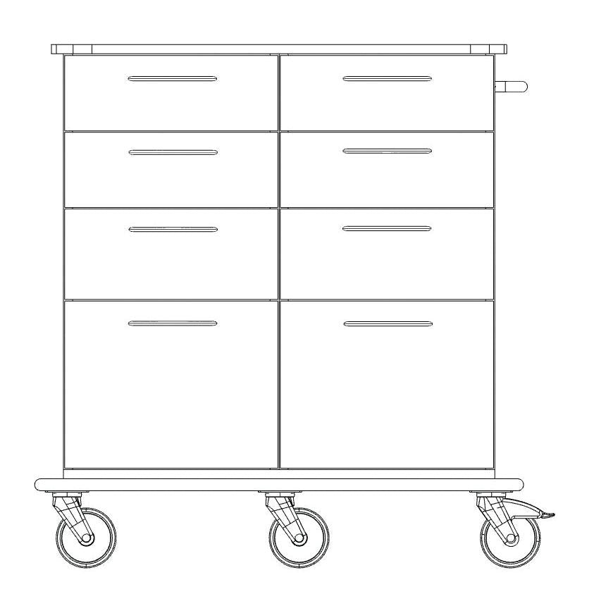 Desenho em preto e branco do carrinho de cuidados e trabalho Novocal tell, com seis gavetas, quatro rodas, alças laterais, alças retangulares e uma placa contínua de plástico sólido na parte superior. Marca: Novocal.