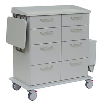 O carrinho de cuidados e trabalho Novocal está equipado com plástico resistente, oito gavetas, uma prateleira lateral dobrável, um compartimento lateral e quatro rodas giratórias (duas com travões vermelhos) - ideal para o armazenamento eficiente de material médico.