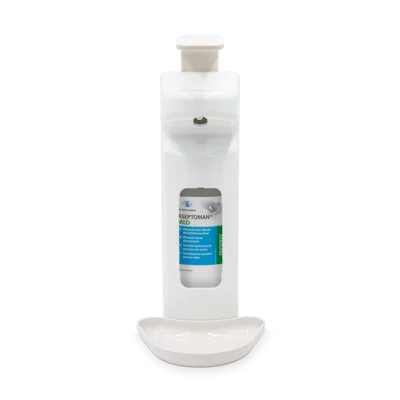 O dispensador de parede Dr. Schumacher SPE 500 (500 ml) da Dr. Schumacher GmbH é um dispensador automático de parede branco com uma garrafa visível e uma bandeja na parte inferior.