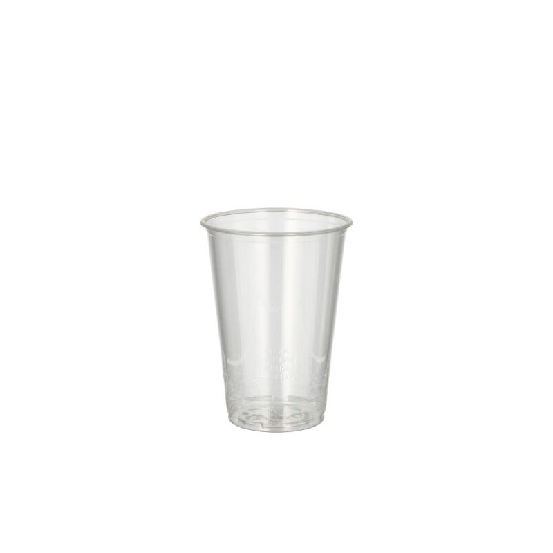 O copo para bebidas frias "pure" PLA 0,2 l transparente da PAPSTAR GmbH com seu design cilíndrico minimalista e simples é apresentado contra um fundo branco simples para destacar seu potencial ecológico.