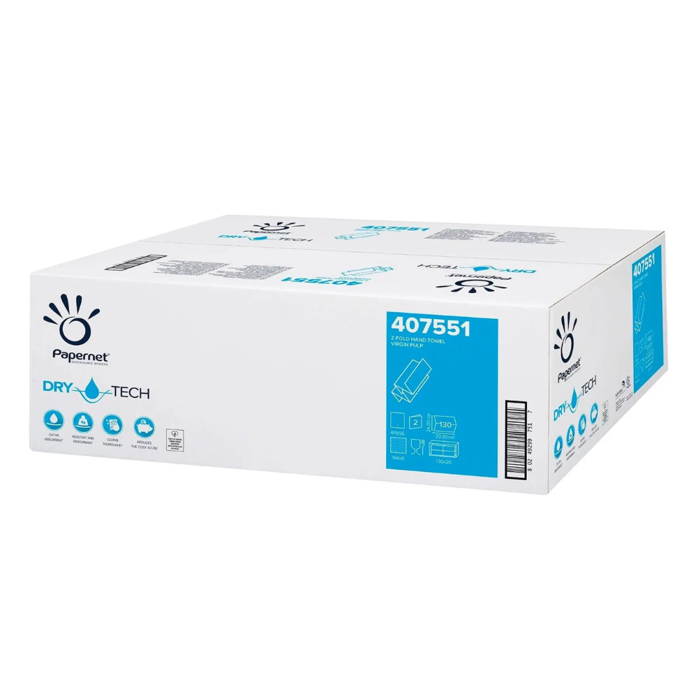 Uma caixa de lenços da marca Sofidel Germany GmbH no design de dobra em Z com a inscrição "Falthandtücher 407551 com Dry Tech". A caixa branca com texto azul-preto está selada e mostra símbolos para aplicações industriais e instruções de manuseio.