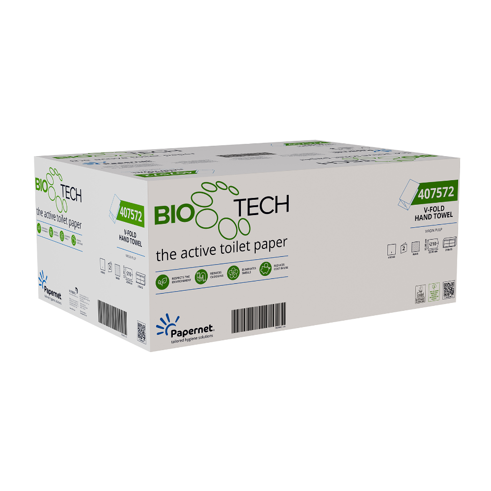 Uma caixa de cartão branca com Papernet toalhas de papel dobráveis com tecnologia Bio Tech 407572 da Sofidel Germany GmbH mostra texto verde-preto, logotipos de marcas e um código de barras. Na frente, está destacado "O papel higiénico ativo" como uma revolução no campo das soluções de higiene.