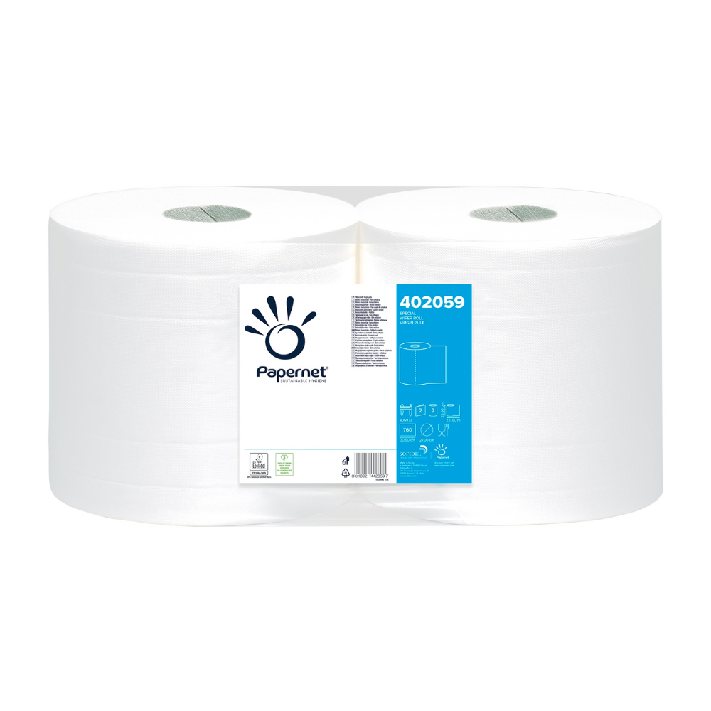 Duas grandes bobinas Papernet de papel industrial 402059 da Sofidel Germany GmbH estão empilhadas lado a lado. Cada bobina está equipada com uma etiqueta branca, onde se pode ver o logótipo da marca, o número do produto 402059 e vários detalhes do produto em letras azuis e pretas, ideal para tarefas de limpeza diárias.