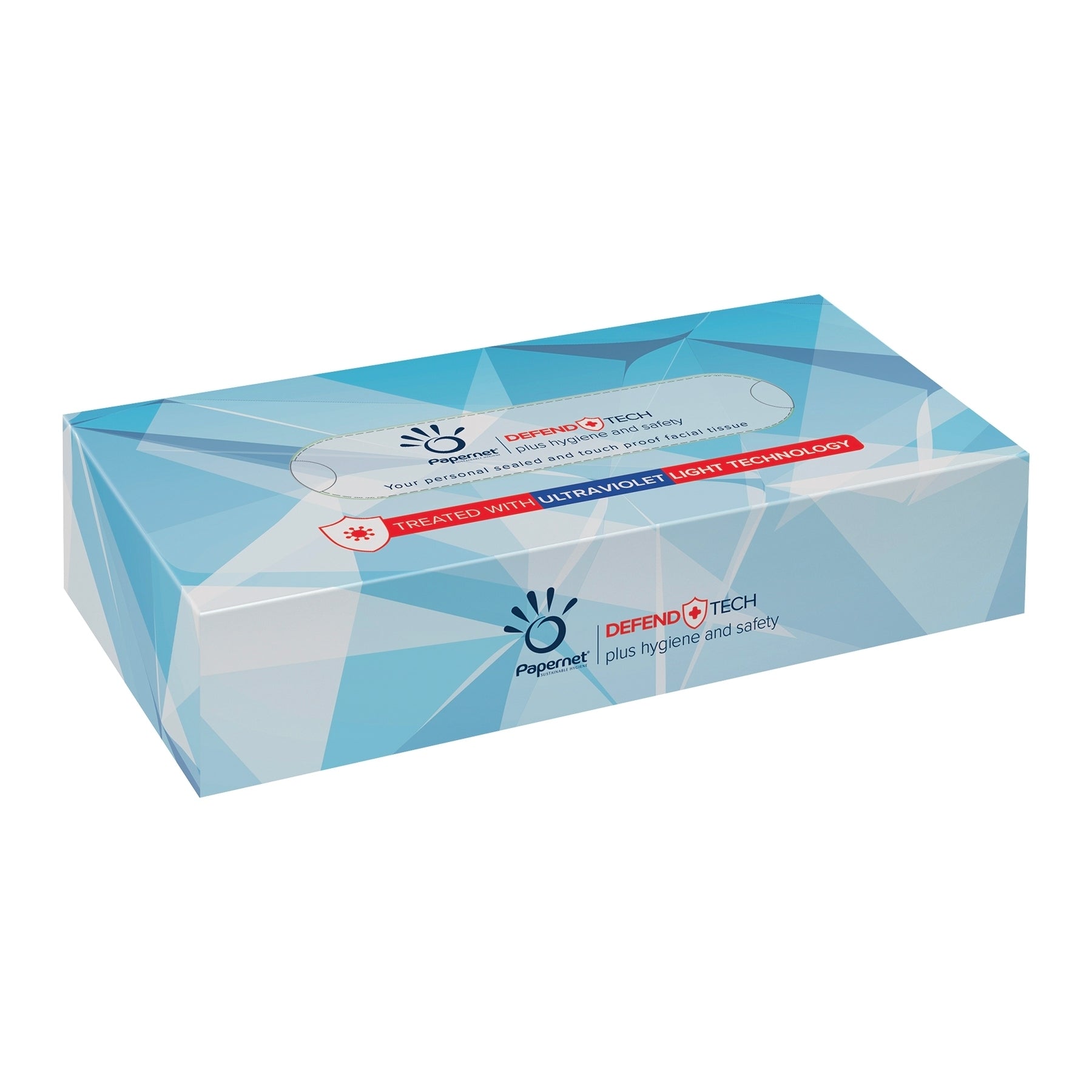 Eine rechteckige Kartonschachtel mit Papernet Kosmetiktüchern 415938 mit DefendTech-Technologie, hervorgehoben durch ein silbernes und blaues geometrisches Muster und Logos, die auf antivirale Eigenschaften hinweisen.