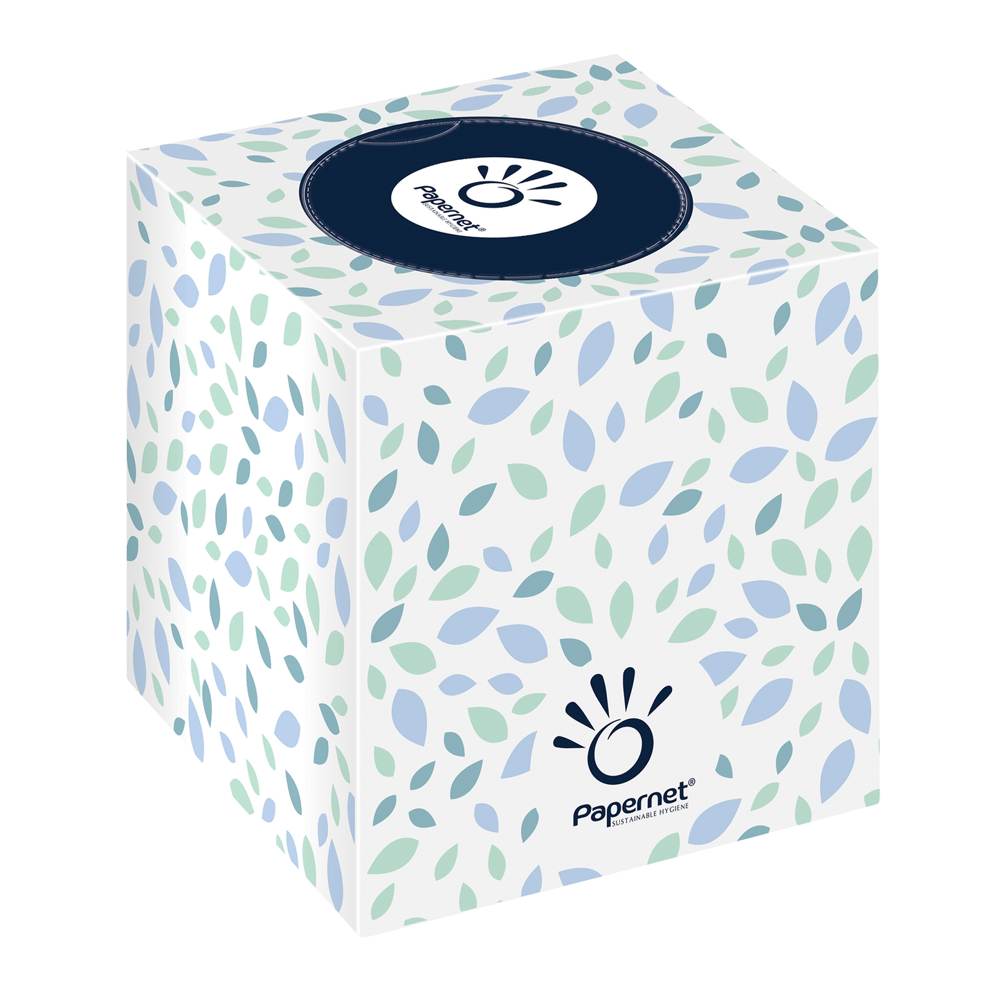Um Papernet CUBE da Sofidel Germany GmbH é um cubo branco com padrões de folhas azuis e verdes e logotipo, ideal para pele sensível graças à sua composição de lenços macios de 2 camadas. A caixa contém 16 cubos com 88 lenços de alta qualidade cada.