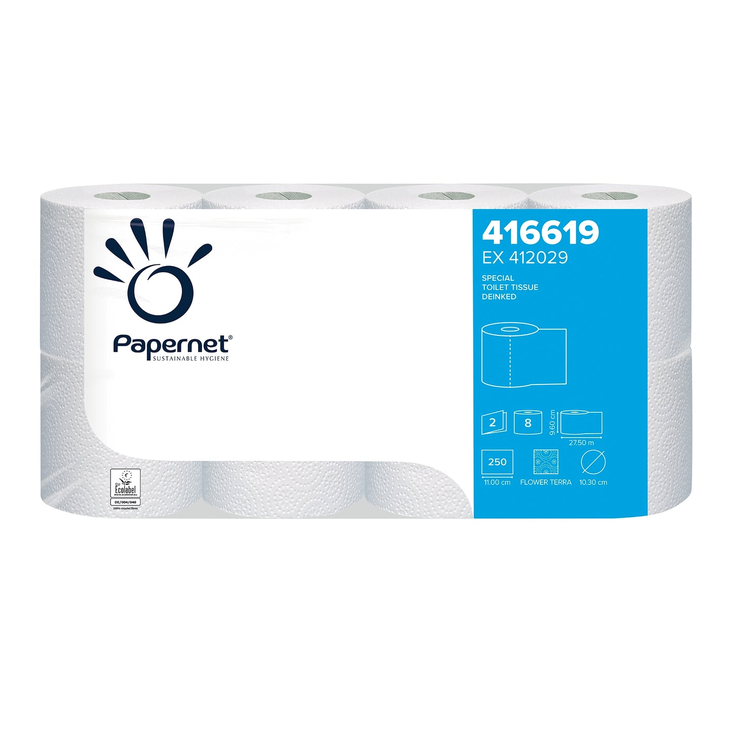 Um pacote de Papernet papel higiénico 416619 da Sofidel Germany GmbH, que contém oito rolos de celulose de 2 camadas. A embalagem mostra informações sobre o produto, incluindo uma seção azul com números, um selo de certificação EcoLabel e imagens que destacam características como o número de folhas e dimensões.