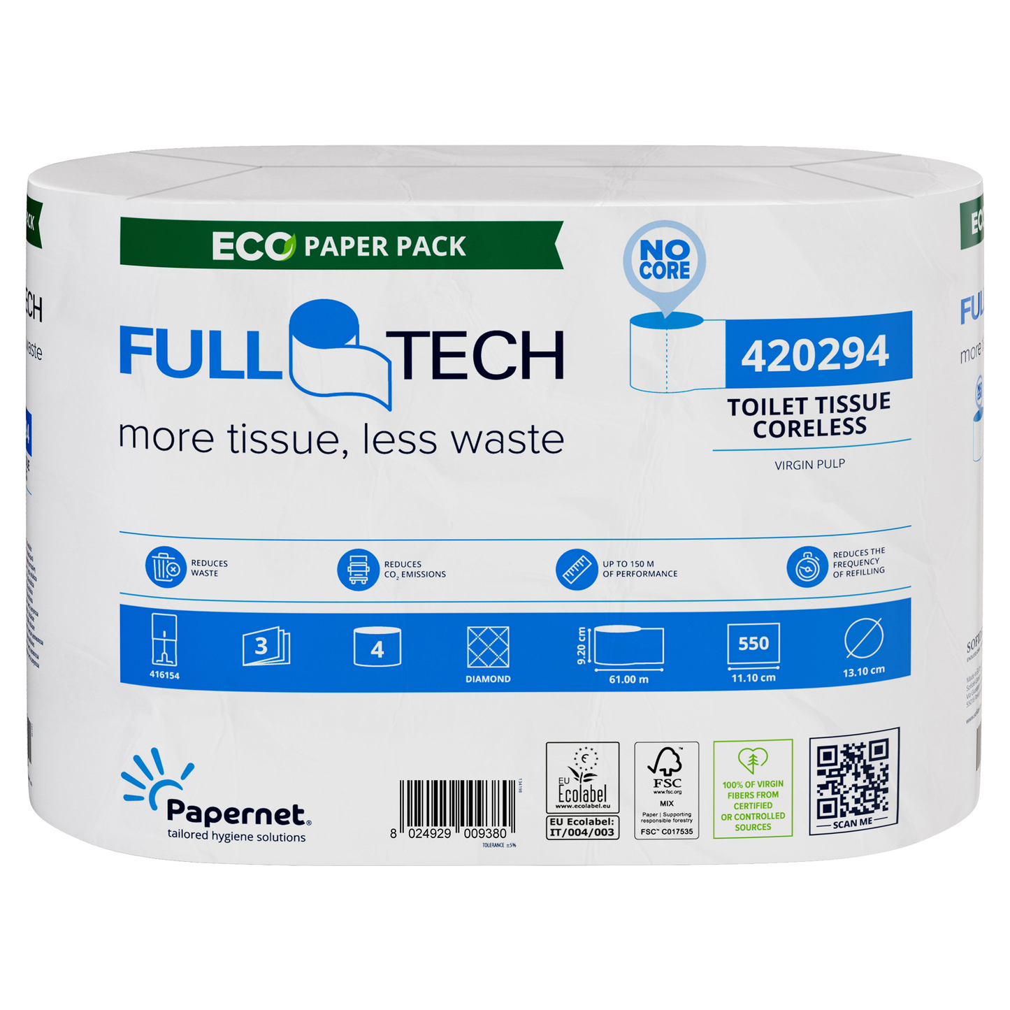 A embalagem do papel higiénico Papernet 420294 com tecnologia Full Tech da Sofidel Germany GmbH destaca as suas características amigas do ambiente, como por exemplo, ser de 3 camadas e feito de pasta virgem. Inclui um código QR, detalhes do produto e símbolos que indicam vantagens ambientais e instruções de uso, incorporando a inovação da tecnologia Full Tech.
