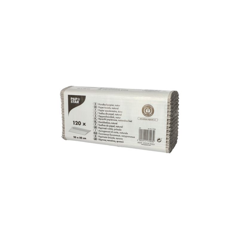 Um pacote PAPSTAR de papel toalha C-dobra, cor natural e camada única, com 120 folhas, está elegantemente apresentado sobre um fundo branco.