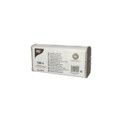 Um pacote PAPSTAR de papel toalha C-dobra, cor natural e camada única, com 120 folhas, está elegantemente apresentado sobre um fundo branco.