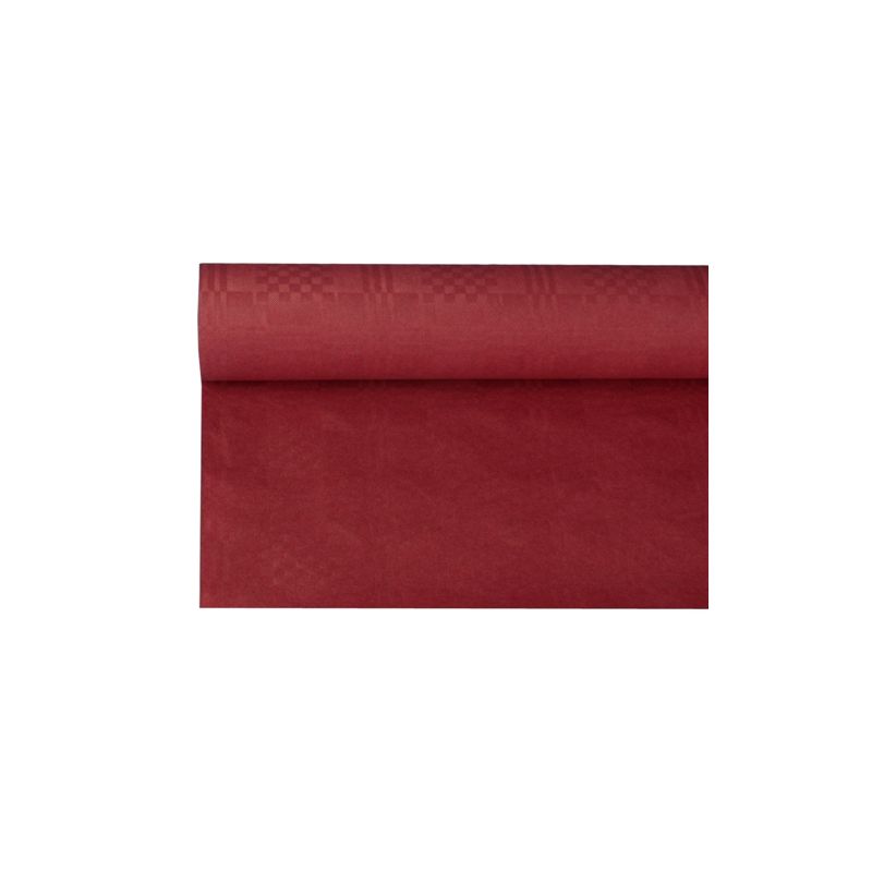 Um rolo do tecido vermelho escuro PAPSTAR com design de estampagem damasco elegante está parcialmente desenrolado e, portanto, ideal para ocasiões festivas. O tecido parece liso e uniformemente colorido e apresenta um tom rico que exala elegância.