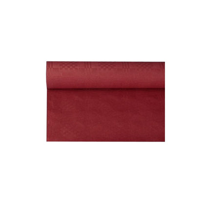 Um rolo do tecido vermelho escuro PAPSTAR com design de estampagem damasco elegante está parcialmente desenrolado e, portanto, ideal para ocasiões festivas. O tecido parece liso e uniformemente colorido e apresenta um tom rico que exala elegância.