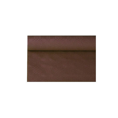 Eine Rolle des Papiertischtuchs mit Damastprägung der PAPSTAR GmbH mit einem eleganten braunen Damastmuster wird vor einem weißen Hintergrund präsentiert. Das strukturierte Papiertischtuch ist teilweise ausgerollt und zeigt sein kompliziertes Design, ideal für anspruchsvolle Tischdekoration.