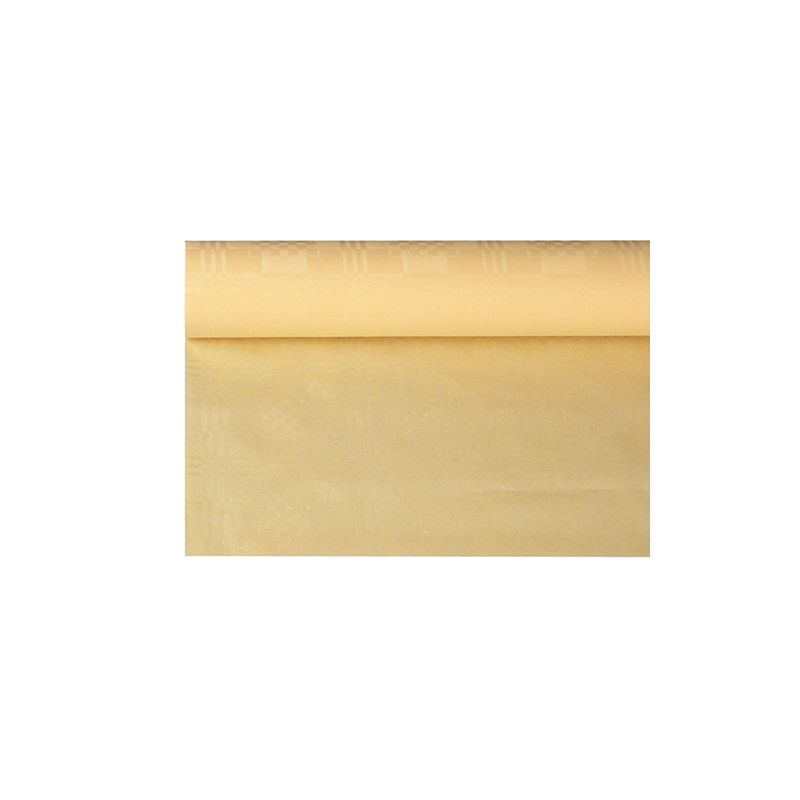 Um rolo de toalha de mesa de papel amarelo claro da PAPSTAR GmbH com padrão damasco discreto, ideal para ocasiões festivas. Parcialmente desenrolado, mostra sua superfície lisa e uniforme, que adiciona elegância a qualquer ambiente. Com as medidas 6 m x 1,2 m, esta toalha de mesa eleva a atmosfera da sua festa.