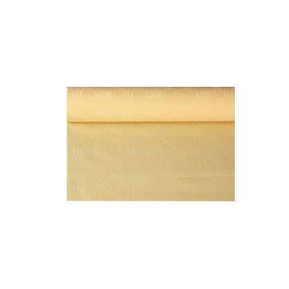 Um rolo de toalha de mesa de papel amarelo claro da PAPSTAR GmbH com padrão damasco discreto, ideal para ocasiões festivas. Parcialmente desenrolado, mostra sua superfície lisa e uniforme, que adiciona elegância a qualquer ambiente. Com as medidas 6 m x 1,2 m, esta toalha de mesa eleva a atmosfera da sua festa.