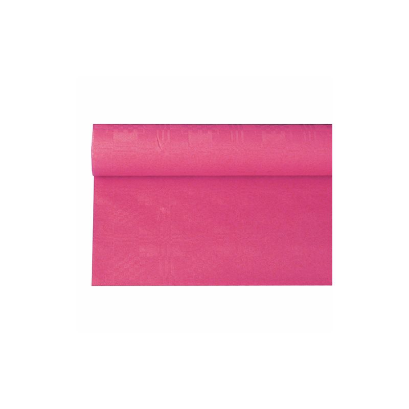 Um rolo PAPSTAR de toalha de mesa de papel com estampagem damasco 6 m x 1,2 m da PAPSTAR GmbH, potencialmente ideal para ocasiões festivas, está parcialmente desenrolado e apresenta sua estrutura de damasco vibrante diante de um fundo branco.