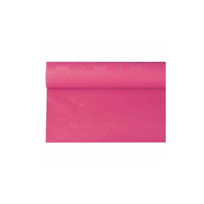 Um rolo PAPSTAR de toalha de mesa de papel com estampagem damasco 6 m x 1,2 m da PAPSTAR GmbH, potencialmente ideal para ocasiões festivas, está parcialmente desenrolado e apresenta sua estrutura de damasco vibrante diante de um fundo branco.