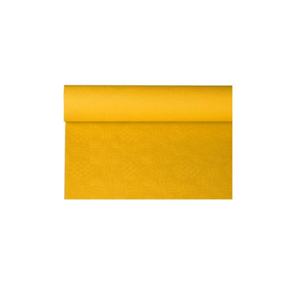 Um pedaço desenrolado da toalha de mesa de papel amarelo brilhante PAPSTAR com estampagem damasco, que lembra uma toalha de mesa festiva, é apresentado diante de um fundo branco e exibe sua cor vibrante e textura lisa.