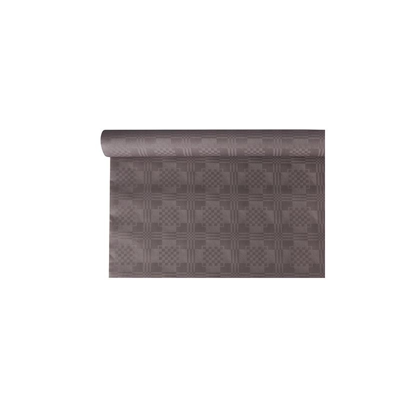 Um rolo da toalha de mesa de papel cinza escuro com padrão geométrico de estampagem damasco da PAPSTAR GmbH está meio desenrolado e revela um design xadrez sobre um fundo branco simples.