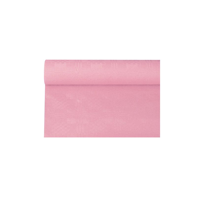 Um pedaço desenrolado da toalha de mesa de papel PAPSTAR com estampagem damasco, em um tom rosa, repousa elegantemente sobre um fundo branco.