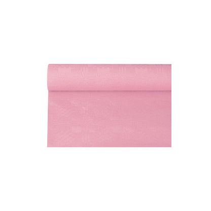 Um pedaço desenrolado da toalha de mesa de papel PAPSTAR com estampagem damasco, em um tom rosa, repousa elegantemente sobre um fundo branco.