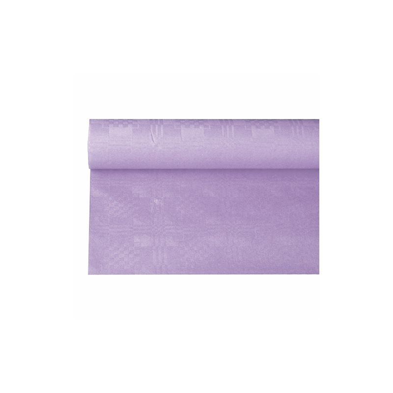 Uma toalha de mesa de papel PAPSTAR com estampagem damasco em um tom lilás claro, que lembra uma ocasião festiva, desenrola-se elegantemente sobre um fundo branco e revela sua superfície lisa e cor uniforme com seu padrão damasco discreto.