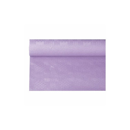 Uma toalha de mesa de papel PAPSTAR com estampagem damasco em um tom lilás claro, que lembra uma ocasião festiva, desenrola-se elegantemente sobre um fundo branco e revela sua superfície lisa e cor uniforme com seu padrão damasco discreto.
