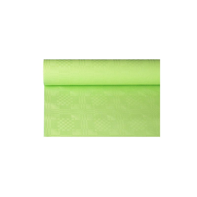 Um rolo de toalha de mesa de papel verde claro com estampagem damasco da PAPSTAR GmbH nas medidas 6 m x 1,2 m, ideal para ocasiões festivas, está parcialmente desenrolado sobre um fundo branco.