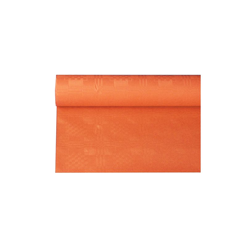 Um rolo parcialmente desenrolado PAPSTAR de toalha de mesa de papel com estampagem damasco no formato 6 x 1,2 m mostra seu padrão complicado e sua estrutura diante de um fundo branco simples.