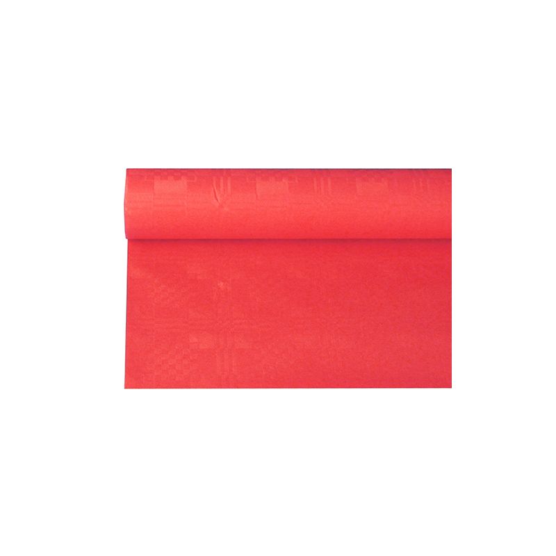 Um rolo PAPSTAR de toalha de mesa de papel com estampagem damasco, ideal para ocasiões festivas, está parcialmente desenrolado e mostra sua textura lisa. O leve reflexo do material sugere uma qualidade semelhante a cetim ou seda. É apresentado elegantemente diante de um fundo branco simples.