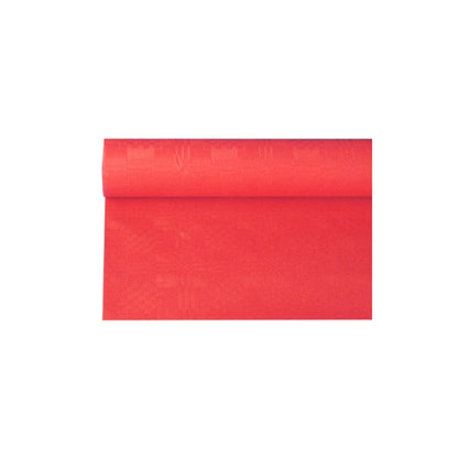 Um rolo PAPSTAR de toalha de mesa de papel com estampagem damasco, ideal para ocasiões festivas, está parcialmente desenrolado e mostra sua textura lisa. O leve reflexo do material sugere uma qualidade semelhante a cetim ou seda. É apresentado elegantemente diante de um fundo branco simples.