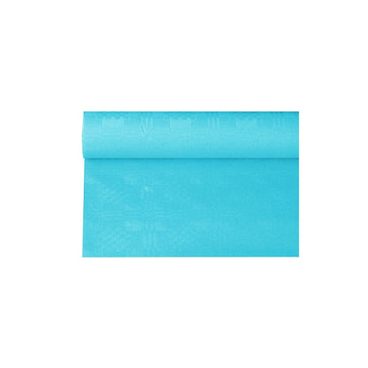 Um rolo PAPSTAR de toalha de mesa de papel com estampagem damasco em um tom azul brilhante, conhecido por sua textura lisa e estampagem damasco elaborada, está parcialmente desenrolado em um fundo branco simples - ideal para ocasiões festivas.