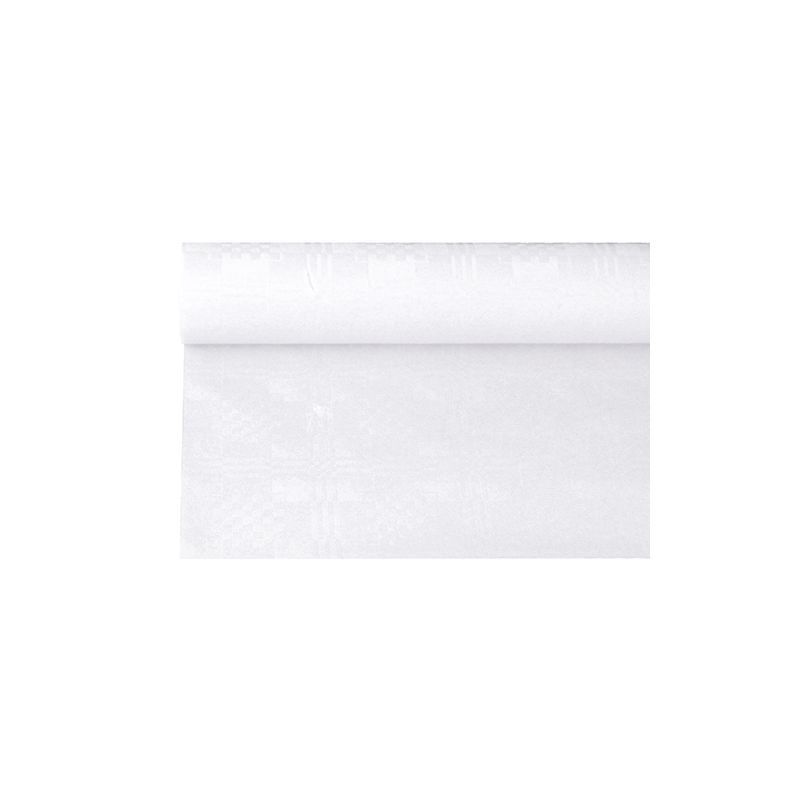 Um rolo PAPSTAR de toalha de mesa de papel com estampagem damasco da PAPSTAR GmbH, semelhante a um papel de parede branco simples para ocasiões festivas, está parcialmente desenrolado e mostra sua textura lisa e uniforme diante do fundo branco simples.