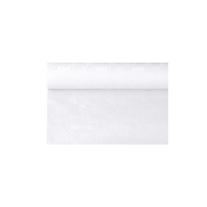 Um rolo PAPSTAR de toalha de mesa de papel com estampagem damasco da PAPSTAR GmbH, semelhante a um papel de parede branco simples para ocasiões festivas, está parcialmente desenrolado e mostra sua textura lisa e uniforme diante do fundo branco simples.
