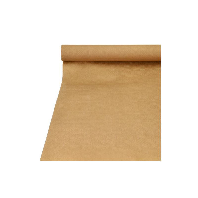 Um rolo de toalha de papel com relevo damasco, de 25 x 1 metro de tamanho, pode ser desenrolado elegantemente e revela a sua superfície lisa e impecável. A textura deste papel kraft requintado confere um toque elegante e é perfeito para decoração de mesa. Posicionado em ângulo, com a extremidade visível para cima, o produto incorpora elegância em qualquer ambiente. Esta criação castanho claro da PAPSTAR GmbH é ideal para valorizar as suas ocasiões de decoração.