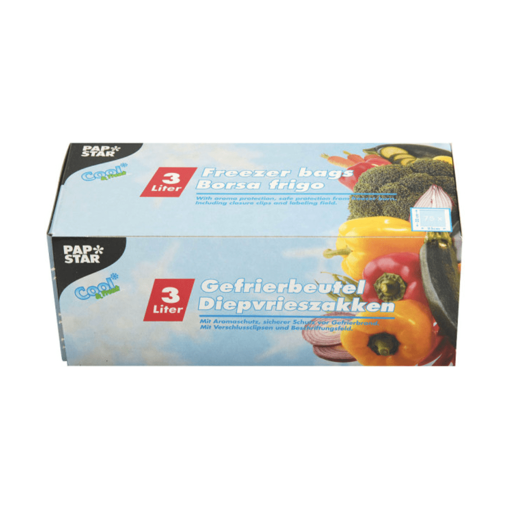 Visível está uma caixa com 75 sacos de congelação Starpak com capacidade de 3 litros feitos de LLDPE. Na embalagem, há imagens de vários tipos de vegetais e textos em várias línguas, incluindo "Freezer bags", "Gefrierbeutel" e "Borsa frigo".