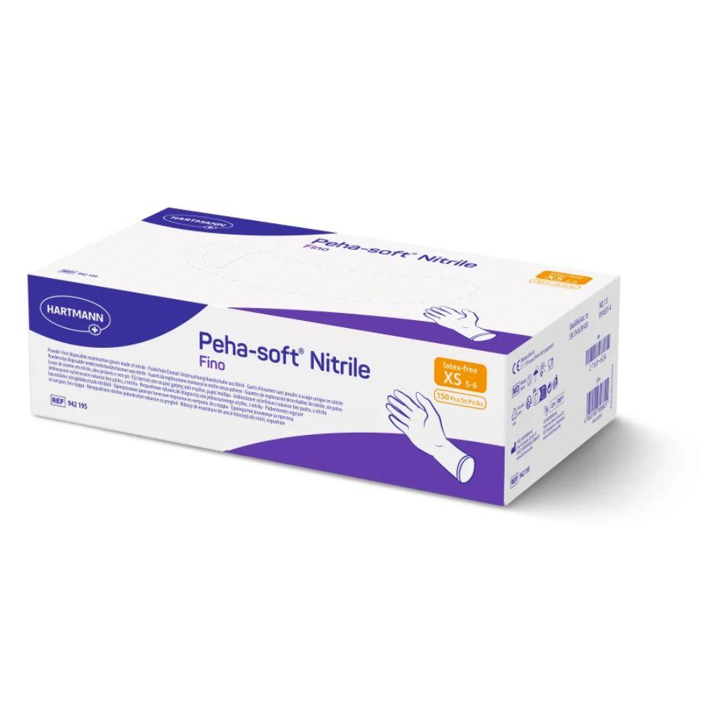Caixa de luvas descartáveis Peha-soft® nitrile fino da Paul Hartmann AG, sem látex e sem pó, com embalagem branco-violeta nos tamanhos XS – S. Contém uma imagem de mão com luva, códigos de barras e informações do produto nas laterais.