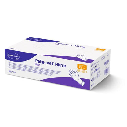 Caixa de luvas descartáveis Peha-soft® nitrile fino da Paul Hartmann AG, sem látex e sem pó, com embalagem branco-violeta nos tamanhos XS – S. Contém uma imagem de mão com luva, códigos de barras e informações do produto nas laterais.