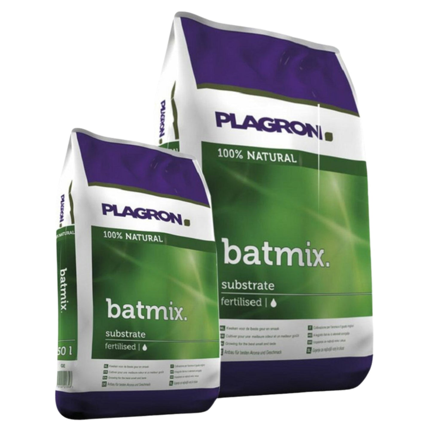 Dois sacos de Plagron Batmix da Bertels B.V. em embalagens verdes e violetas mostram o logotipo do Batmix, são rotulados como 100% naturais e são adubados com tipos de turfa para melhorar o crescimento das plantas, disponíveis em vários tamanhos com informações detalhadas na embalagem.