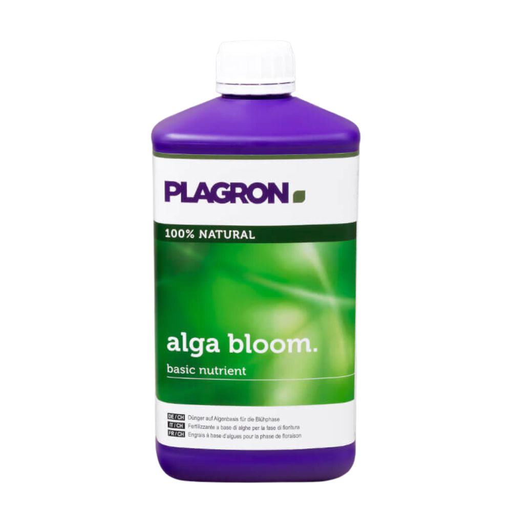O Plagron Alga Bloom Fertilizante Natural de Plantas da Bertels B.V. é fornecido em uma garrafa roxa com um rótulo verde e branco com texto e gráficos. Com o rótulo "100% natural", é uma mistura base ideal para o fertilizante da fase de floração.
