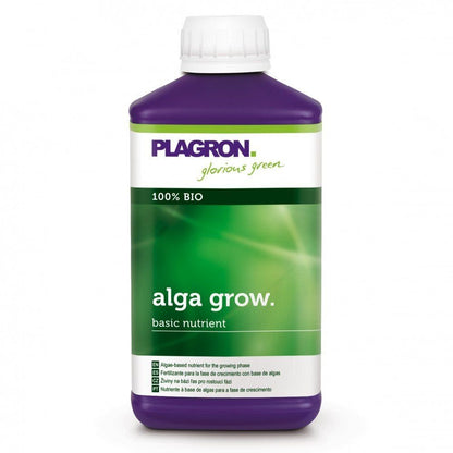 Uma garrafa de Plagron Alga Grow Fertilizante Natural de Crescimento de Bertels B.V. é um nutriente básico 100% biológico para o crescimento. A garrafa é violeta e tem um rótulo verde e branco com a marca e informações do produto.