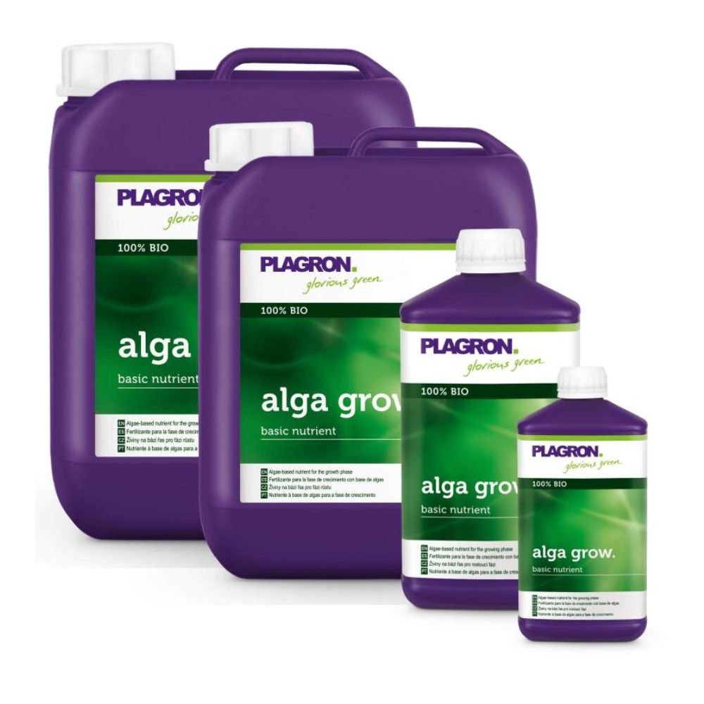 Quatro recipientes com Plagron Alga Grow Fertilizante Natural de Crescimento de Bertels B.V. incluem dois grandes jarros violetas e duas garrafas menores. Etiquetas verdes e brancas mostram "100% Bio" e enfatizam seu papel como nutriente básico importante para o seu jardim.