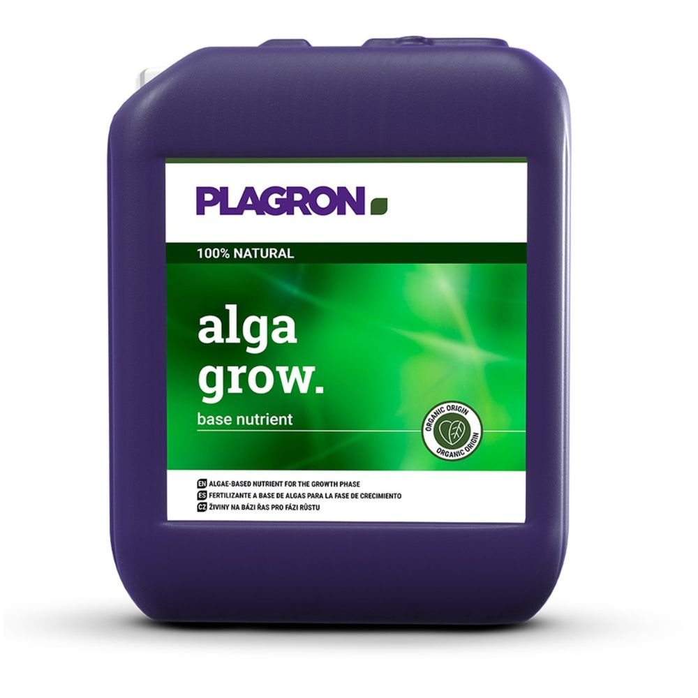 Um grande jarro violeta com a inscrição "Plagron Alga Grow Fertilizante Natural de Crescimento" de Bertels B.V. tem um fundo verde com texto em inglês e espanhol. Este recipiente quadrado com uma alça superior é um fertilizante natural de crescimento ideal para o seu jardim.
