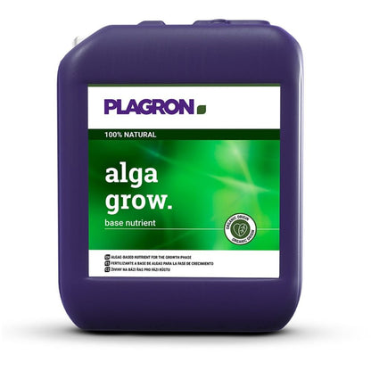 Um grande jarro violeta com a inscrição "Plagron Alga Grow Fertilizante Natural de Crescimento" de Bertels B.V. tem um fundo verde com texto em inglês e espanhol. Este recipiente quadrado com uma alça superior é um fertilizante natural de crescimento ideal para o seu jardim.