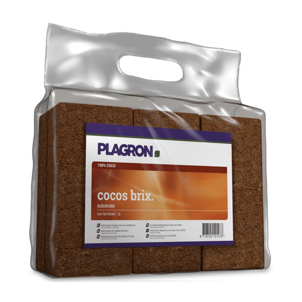 O pacote Plagron Cocos Brix da Bertels B.V. contém seis blocos de substrato de coco de alta qualidade. A embalagem de plástico transparente com alça tem as inscrições "100% Coco", "não fertilizado" e o selo de qualidade RHP para substrato premium.
