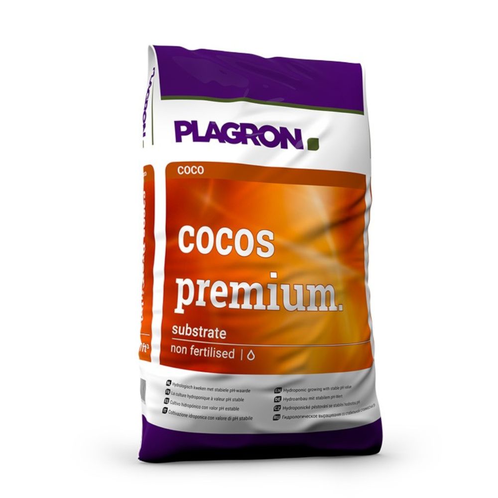 Uma imagem de produto de um saco Plagron Cocos Premium 50L da Bertels B.V. mostra principalmente embalagens brancas com áreas violetas e laranja. Destaca que o saco não é fertilizado, é ideal para cultivo hidrológico e contém vários símbolos e detalhes do produto.